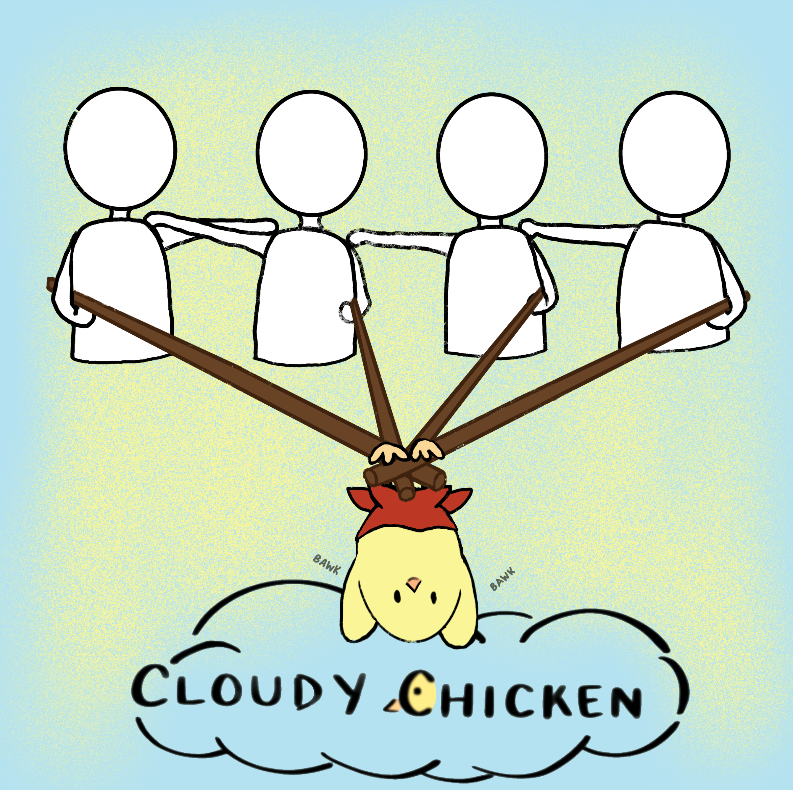 Four people holding a chicken with sticks featuring the Cloudy Chicken logo.
