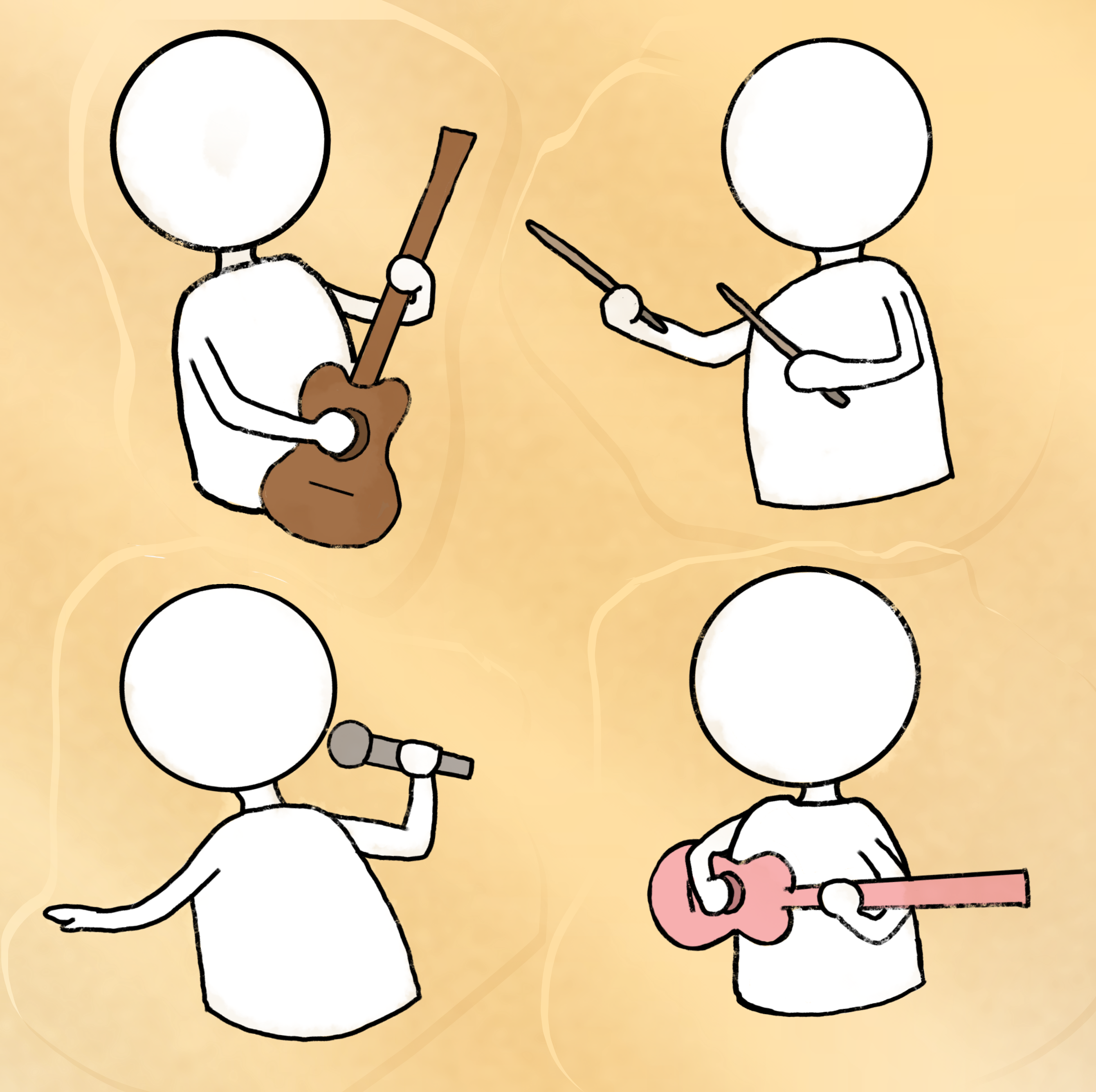 Two person playing guitar, one person singing, and another playing the drum.