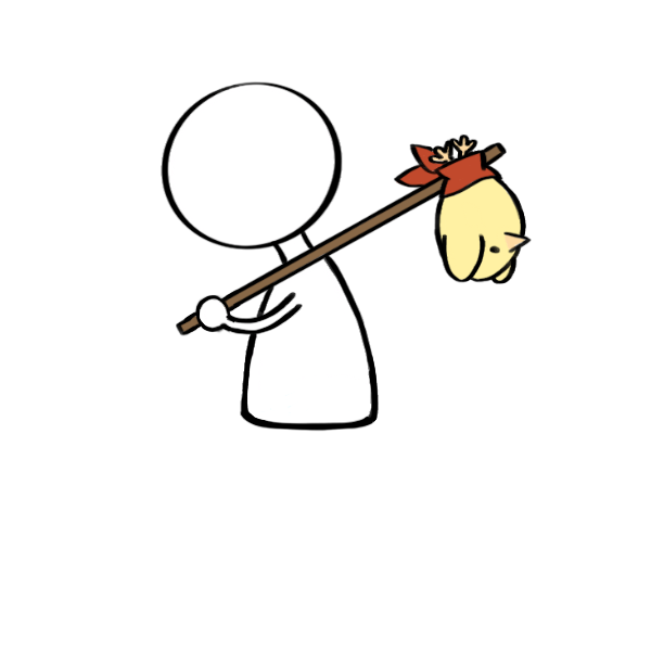 a person facing the right holding stick with a chicken tied to it